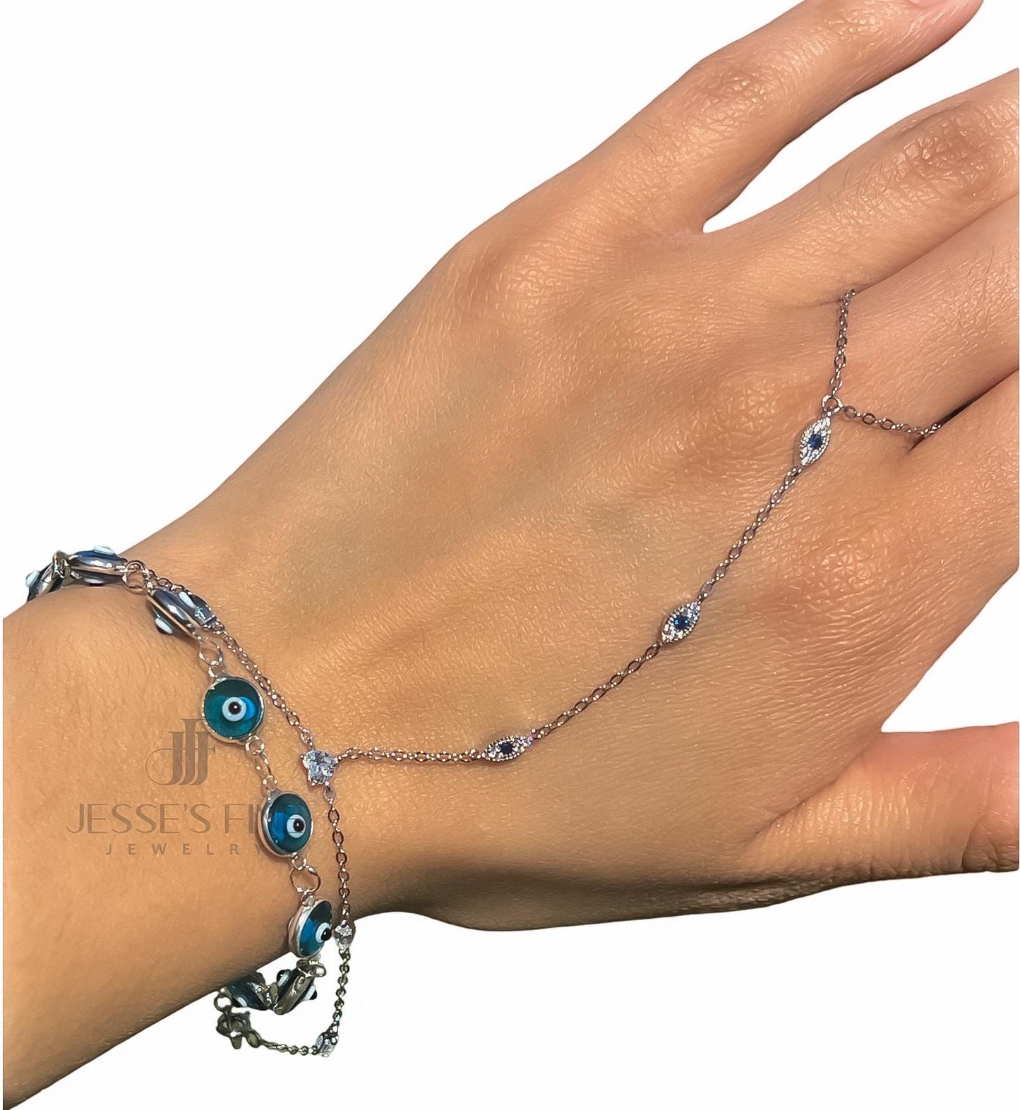 Blue evil eye dainty multi stone handchain bracelet CZ evil eye gold hand chain bracelet trendy hand chain bracelet dark blue evil eye