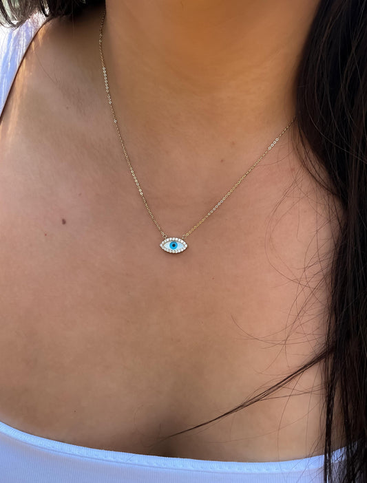 White Evil eye necklace mother of pearl evil eye pendant dainty blue and white evil eye necklace CZ evil eye necklace protection amulet