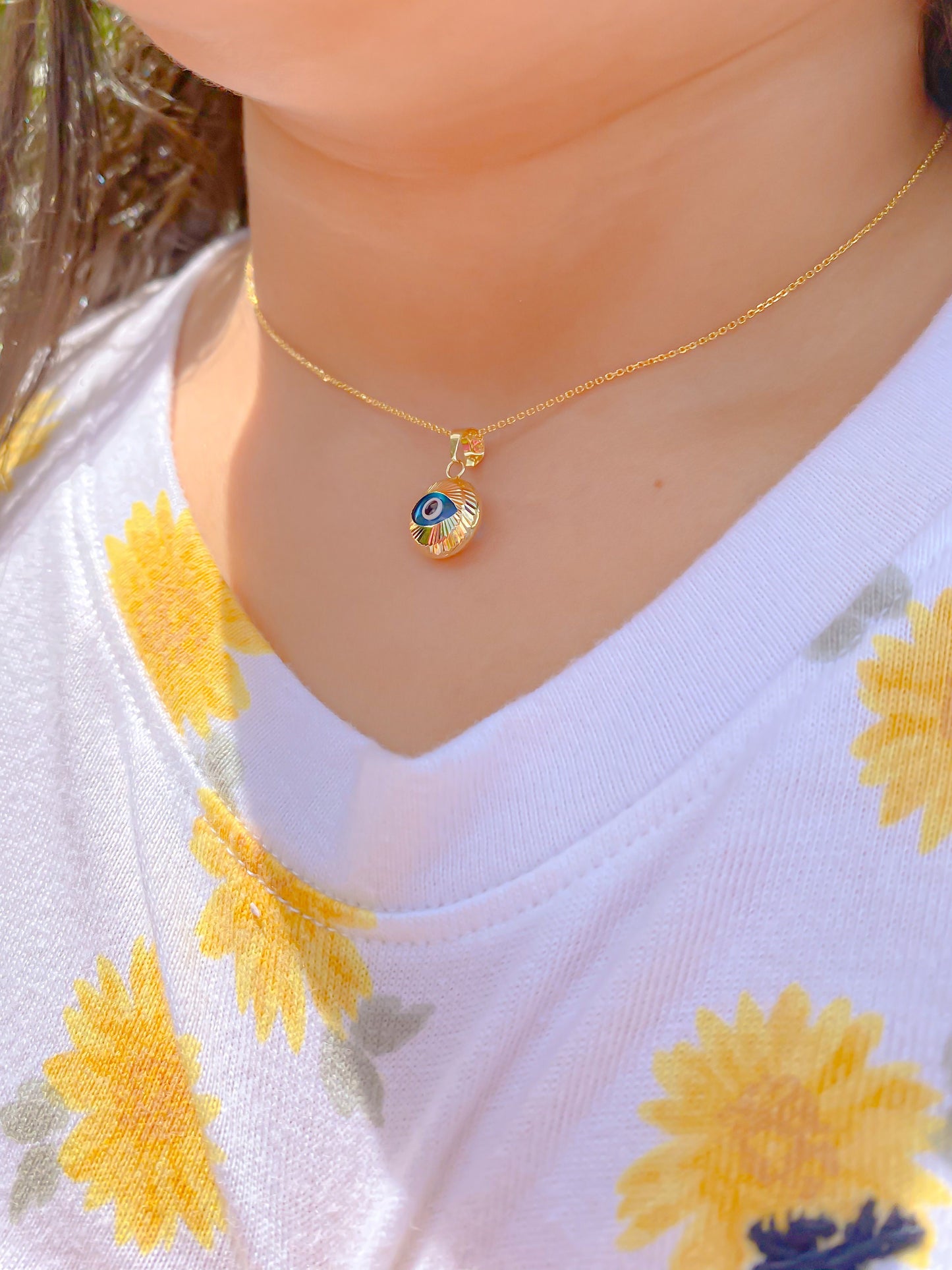Real gold round evil eye pendant 14k gold turquoise sunburst ocean blue evil eye glass evil eye necklace Nazar necklace amulet charm gift