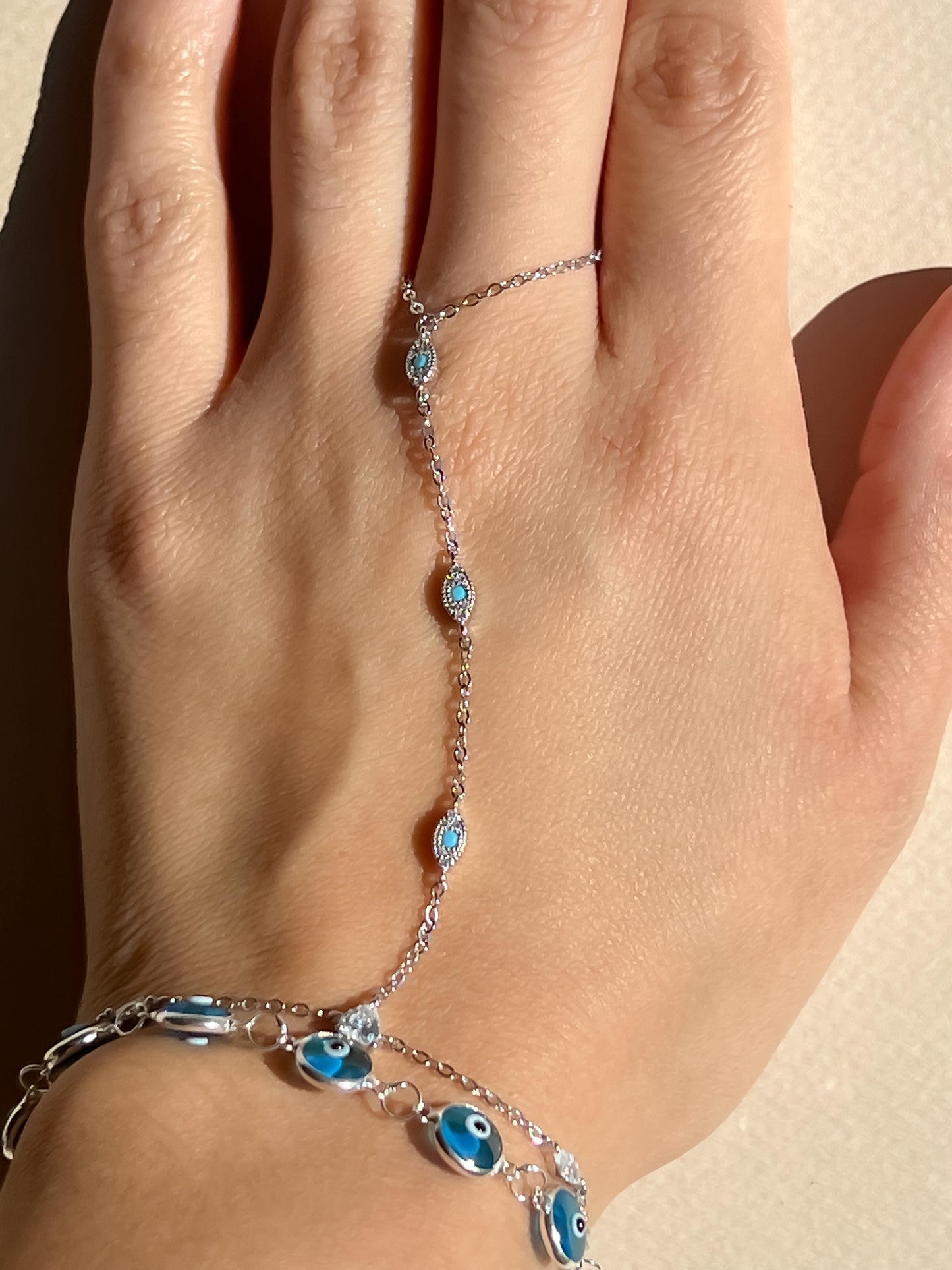 Turquoise evil eye dainty multi stone handchain bracelet CZ evil eye silver hand chain bracelet trendy hand chain bracelet gift for girl